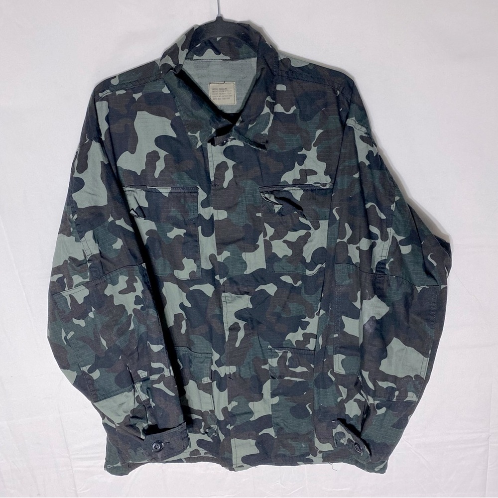 Vintage Deep Green Camo Rip Stop Military Tactical Field Shirt Light Jacket L